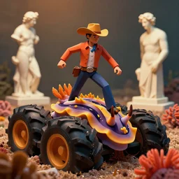 a cowboy turning into blooms by slim aarons, by zhang kechun, by lynda benglis. tropical sea slugs, angular sharp tractor tires. complementary bold colors. warm soft volumetric dramatic light. national geographic. 8 k, rendered in octane, smooth gradients. angular sculpture by antonio canova by gian lorenzo bernini.