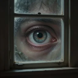 a view from inside a house of an eye looking throug a window, eerie, greg rutkowski, hyperdetailed, hyperrealistic, 4 k, deviantart, artstation, professional photography, concept art, art by notchalla