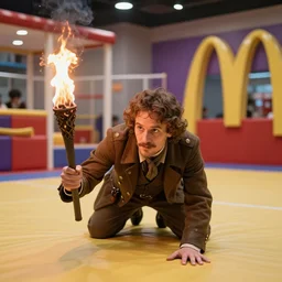 photo, an 1 8 0 0's english explorer holding a burning torch while crawling through a 1 9 9 0's mcdonald's play place