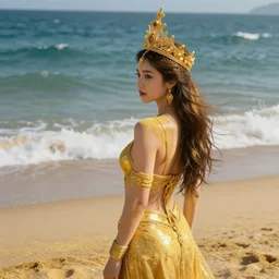 goddess turned his back standing on beach made of golden powder, beautiful waves in sea, wearing a highly detailed golden crown, ultra detailed, 8 k, 4 k, hd, ultra mega maxi detail, artstation award winner