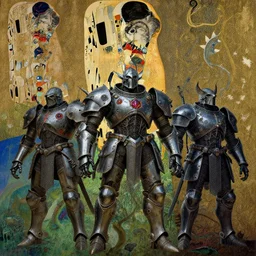 composition of gothic and futuristic, warhammer, animals in cyber armor, the middle ages, highly detailed, artstation, in the style of moebius, jugendstil and classic japanese print, psychedelic, art by art by max ernst and gustav klimt, compositon by jean delville