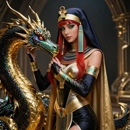 red - haired final fantasy white marble egyptian big eyed nun caressing her shiny rainbow dragon, warframe armor, regal, attractive, ornate, sultry, sexy, beautiful, elize theron, pretty face, green eyes, scifi platform, 4 k, ultra realistic, epic lighting, illuminated, cinematic, black gold, art by alexandra petruk, voidstar
