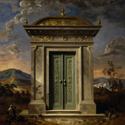an oil painting of a tomb with an intricately detailed door, hills in the background, inspired by nicolas poussin, inspired by guercino, in the style of french baroque, insanely detailed, mysterious mood