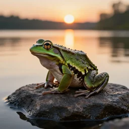 A beautiful frog on top of a rock in a lake, with sunset, realistic photo, well detailed