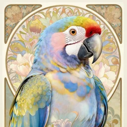 hyperrealistic detailed profile portrait of a multicolored parrot, with flowers, soft pastel colors, art by ernst haeckel, john william godward, alphons mucha, pontormo, ornamental, decorative, art nouveau pattern