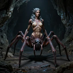 female drider with a human torso coming out of a spider body in a dark cave, ultra detailed, monster, creature design, dnd, d & d, animatronic, concept art, octane render, 8 k, moody lighting, muted colors, blue tone light, dramatic lighting, realistic, john singer sargent, matte painting, stan winston studios