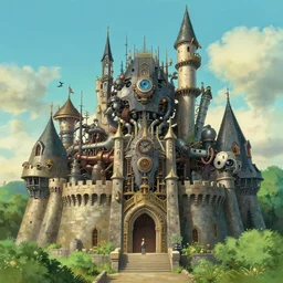 a highly detailed photorealistic mechanical castle in style of ghibli studio, shaun tan, 4 k