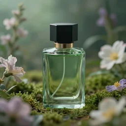 perfume bottle sitting in green glass in a magical flower garden, muted colors zen, serene, softly - lit, highly detailed, realistic, up close shot, f 2 0