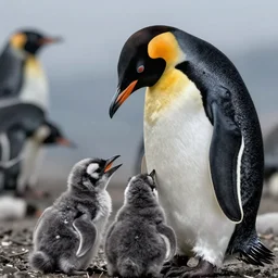 a demonic penguin feeding her babies