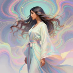 side profile, maya ali, wind sorcerer, dota, robes, elegant, smooth, colorful psychedelic swirly magic ripples, pastel colors, by greg rutkowski, jesper ejsing, ilya kuvshinov, artgerm, mucha