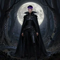 moon in the background!!!, full portrait dark witch, adventurer outfit large cloak, fantasy forest landscape, dragon scales, fantasy magic, undercut hairstyle, short purple black fade hair, dark light night, intricate, elegant, sharp focus, illustration, highly detailed, digital painting, concept art, matte, art by wlop and artgerm and greg rutkowski and alphonse mucha, masterpiece