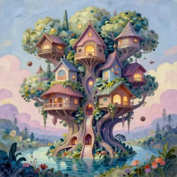 an epic organic and weird underground tree house city. brightly illuminated water. beautiful landscape. digital artwork by vincent bons, michael whelan, remedios varo interesting pastel colour palette. beautiful light. oil and water colour based on high quality render.