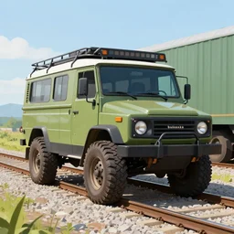 [ uaz 3 9 0 9 bukhanka ] with offroad tires driving beside the syberian railroad, painted in orthodox christian style, epic fantasy, winter, the elder scrolls v : skyrim, dramatic lighting, establishing shot, by simon stalenhag
