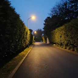 Beautiful cameraphone, soft liminal Photograph of estate road, hedge night, streetlight.