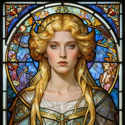 masterpiece head-on symmetrical centered portrait, Elisha Cuthbert as a paladin, blonde hair, art nouveau, gothic stained glass style, tarot card style, elegant, distant, in the style of Edgar Maxence and Ross Tran and Zdzisław Beksiński and Michael Whelan and Mucha and Gustave Doré, specular highlights, 8k, octane render