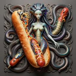 medusa with hotdogs instead of snakes. intricate abstract. intricate artwork. by tooth wu, wlop, beeple, dan mumford. trending on artstation, greg rutkowski very coherent symmetrical artwork. cinematic, hyper realism, high detail, octane render, 8 k, iridescent accents