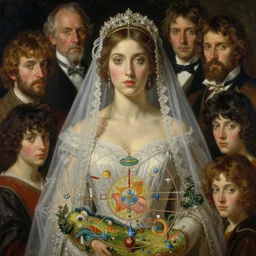 hyper realistic painting of the wedding, detailed faces, veil, in the style of mc escher, wayne barlowe, gustav moreau, goward, gaston bussiere and roberto ferri, santiago caruso, and austin osman spare, bouguereau, mucha, saturno butto, sorayama. occult art, alchemical diagram