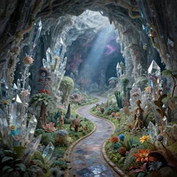 an epic elite masterpiece mysterious sci - fi matte painting of a winding path through crystal cave dream worlds with surreal crystal structures inspired by heironymous bosch's garden of earthly delights, surreal lush landscapes by asher durand and cyril rolando and natalie shau and thomas kinkade, insanely detailed and intricate, elegant, subterranean galaxy