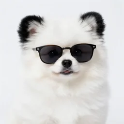a closeup photorealistic photograph of a panda themed Pomeranian puppy wearing sunglasses at the beach during sunset This 4K HD image is Trending on Artstation, featured on Behance, well-rendered, extra crisp, features intricate detail and the style of Unreal Engine.