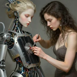 android girl opening her back paneling to let her heatsinks flush out while another toned girl does repairs on the robot girl's key components, beautiful detailed eyes, fantasy, intricate, elegant, highly detailed, digital painting, 4 k, hdr, concept art, smooth, sharp focus, illustration, art by artgerm, h r giger and alphonse mucha