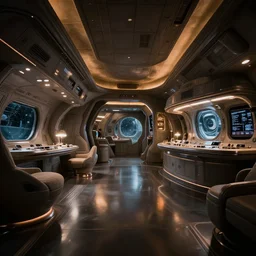 luxurious spaceship interior, moody lighting. 2 0 4 0, by ilm, architectural photography, 8 k, realistic lighting, reflections, bloom, hyperdetailed environment, pbr materials.