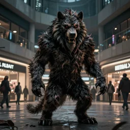 in the style of rembrandt, rafael albuquerque, boris vallejo, large hairy werewolf in a shopping mall at night, moody lighting, horror scary terror