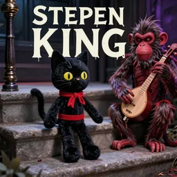 black cat-style voodoo doll on steps next to evil hurdy gurdy monkey toy, style of Stephen King horror book cover illustration, volumetric lighting, highly detailed