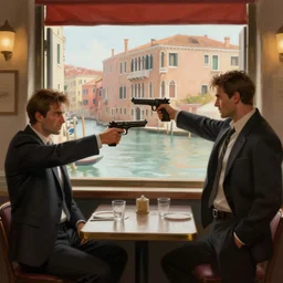 two criminals in suits pointing guns at each other in a cafe in venice, window overlooking venice canals, digital painting, amazing detail, artstation, in the style of greg rutkowski