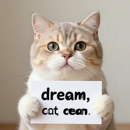 realistic high quality photo of a cute cat holding a sign with text that reads : dream, cat, cas, cat cat dreamcats, cats, cas, cas, catss, cats, catscatscats, cats, cat, cats, caaats, cast, cast, cast, caast, cats