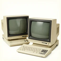 full - color page of a 1 9 5 0 s catalog advertising a kitschy streamlined personal - computer. it has two crt screens displaying 3 d graphics, and has a reel - to - reel data drive, a pen tablet, and a mechanical keyboard. alternate - history ; retrofuturism.