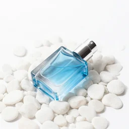 blue perfume bottle lying on white pebbles close shot, white background, zen, light, modern minimalist f 2 0 clean and fresh