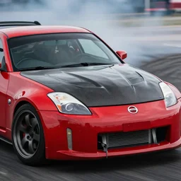 front close up action shot of a red drifting nissan 3 5 0 z with a carbon fibre hood, the car is drifting with the wheels turned, car photography, motion blur, zoom lens, panning shot