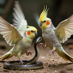 a cockatiel fighting a snake and winning, movie still, cinematic lighting, 8 k