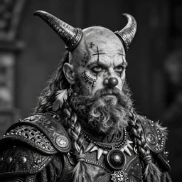 a cinematic view of wide bw photo from a very ornated old clown viking, half shaved haircut, braided beard, showing nordic tattoos in the face, scars in the face, feather earing, using leather armour with necklace of teeth, marvelous expression, photorealistic, volummetric light, detailed, texturized, zeiss lens high professional mode