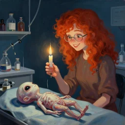 digital illustration of a happy looking nerdy girl with curly red hair is holding a candle in her hand, laboratory for alien body research, alien body on a surgery table, small streaks of light through the candle, painting by goro fujita,, art by dariusz zawadzki, simon stalenhag masterpiece
