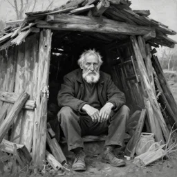 mutated old man sitting inside his shack, digital black and white painting by oleg vdovenko chuvabak
