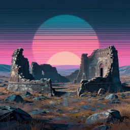 ancient ruins in the tundra, retrowave epic art, trending on art station