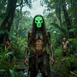 snake oil saleman demigod with neon green mask in a swampy jungle landscape, visible sky and humid atmosphere, weekend in formosa by denis villeneuve, grant wood, wlop, kodakchrome, cinematic composition, practical effects, 8 k, trippy film from 2 0 1 9