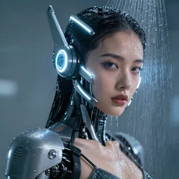 photo of female dancer as a cyberpunk mecha humanoid robotic head shoulder parts with straight bright led lights, under a shower, wet skin with water dripping down face, ultra - realistic and detailed, 8 k