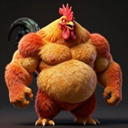 photo of furry rooster, muscle monster, fat belly, obese, belly, vivid colors, 8 k, hd, dramatic light