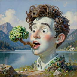 a massive porcelain sculpture on a mountain lake of bob ross's face spewing a little happy tree from his mouth, in the style of johnson tsang, funny sculpture, lucid dream series, oil on canvas
