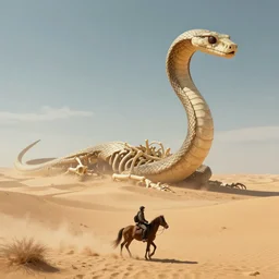 game concept art, lone traveler on a horse below a skeleton of a giant snake that spans miles, in the middle of a desolated desert
