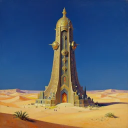 strange cyberpunk pagan giant monument in the middle of the desert in the style of dali and bosch and moebius, oil painting