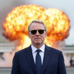 “The king of Sweden, Carl XVI Gustaf, wearing dark sunglasses in front of a huge explosion which in turn is in front of a darker Swedish flag, award winning photo, hyper realistic, 4k”
