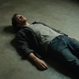 a man laying on a concrete floor, movie