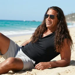 Steve Harvey with long hair long hair long hair and sunglasses chilling chilling on the beach