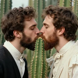 a 3 0 year old man with a thick beard kissing a cactus, perfectly symmetric and handsome face, bridal photography portrait victorian era y tooth wu and wlop and beeple and greg rutkowski wolfgang lettl, hints of yayoi kasuma, octane render, 8 k artstation, trending on artstation, detailed, photorealism, 4 k