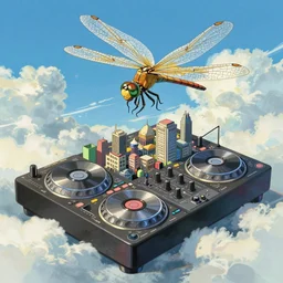 A city on a giant DJ mixer shape artwork by Tomer Hanuka Rendering with an giant dragonfly flying over it. full of details, by Makoto Shinkai and thomas kinkade, Matte painting, trending on artstation and unreal engine