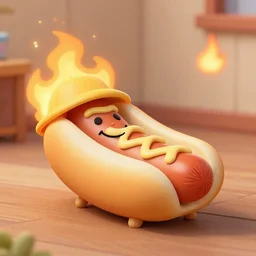A happy hotdog with a hat in a room that is burning