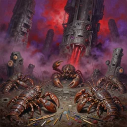 fine art oil painting pencils varied muck jeweled, filthy rugated armored crustaceans clawing & terrified as massive brutalist structures, claustrophobic jetting cilia sporing pox, final battle, red purple fog, by alex nino by francesco blanc, geof darrow, bisley, b wolverton & by jack gaughan high resolution, hyper detailed, cinematic